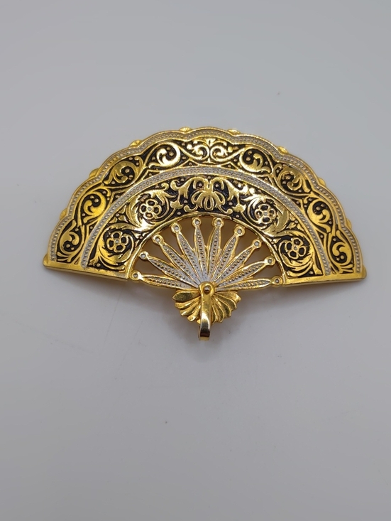 Damascene Jewelry - Damascene Spanish Themed Fan Brooch Vintage